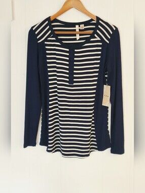 By Design Striped Navy and White Long-Sleeve Henley Top